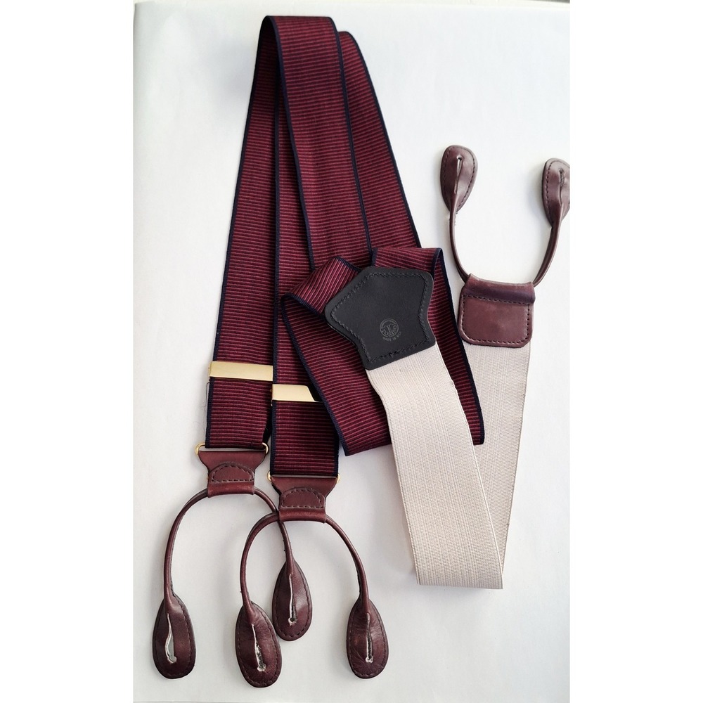 Torino Leather Button Suspenders Y-Back Red Navy Stripe Made in USA